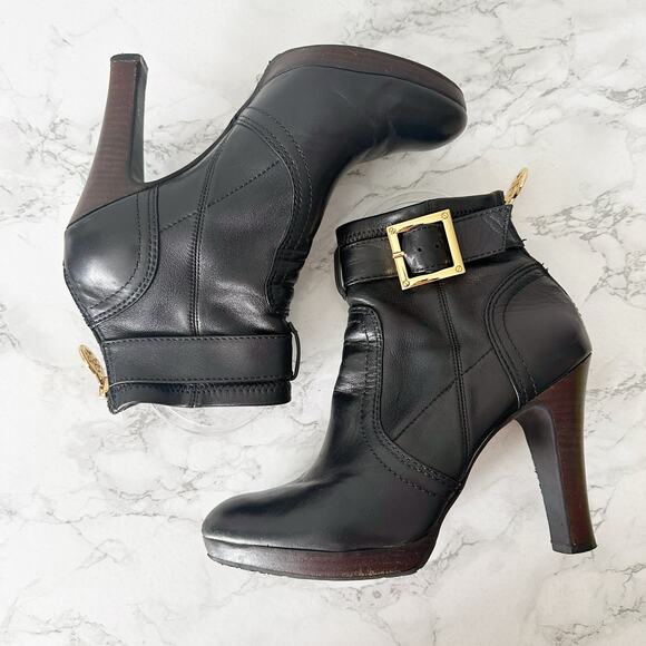 Tory Burch Melrose Black Leather Goldtone Buckle Zipper Bootie Women’s Size 6.5 - Picture 5 of 13